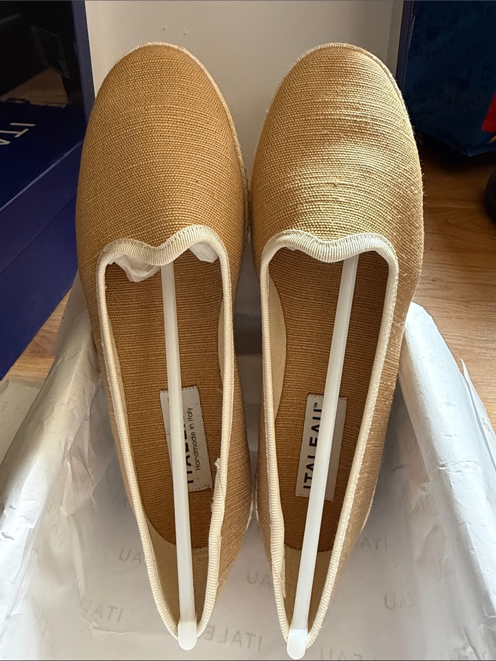 Italeau- Allegra, Organic Cotton Slip-On flats in Tan with Cream Trim